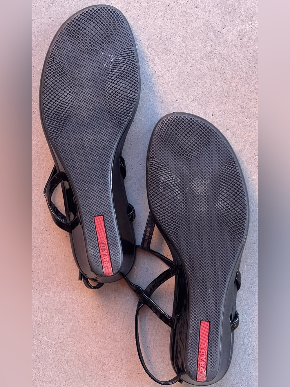 Prada Linea Rossa Black Patent Leather T-Strap Wedge Sandals Size 38.5 Italy - Picture 8 of 11